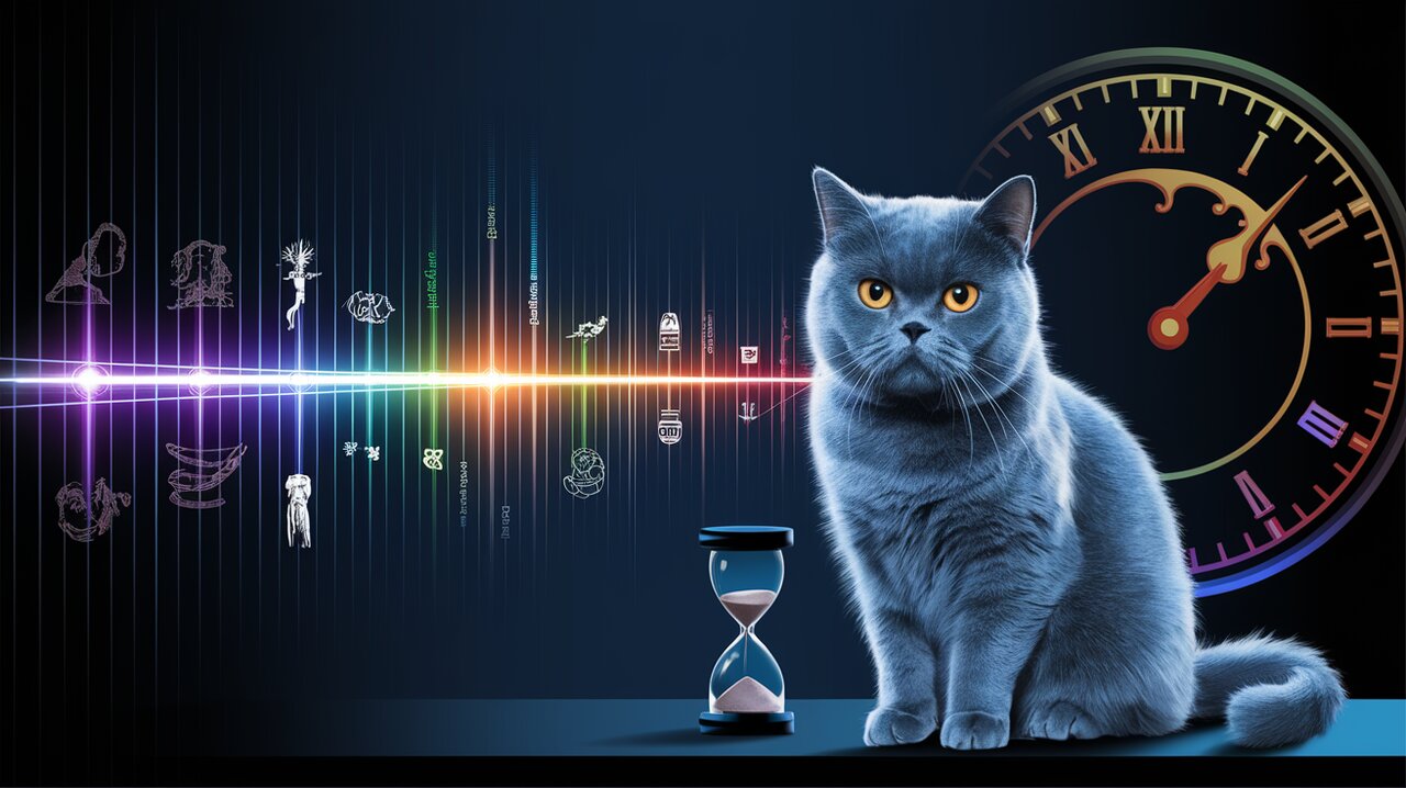 Vertical timeline visualization with historical and modern elements, observed by a British shorthair cat