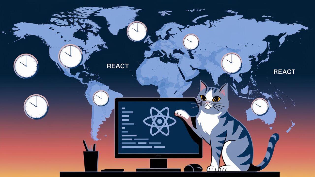 World map with time zones and React logo, featuring a British shorthair cat