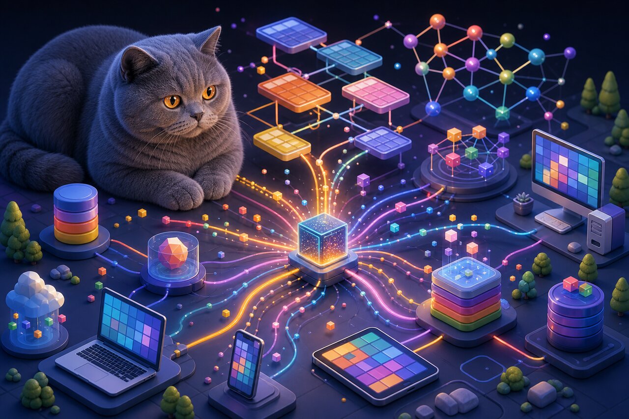 Data syncing between a laptop, phone, and tablet on a desk, with a gray-blue cat watching from a shelf.