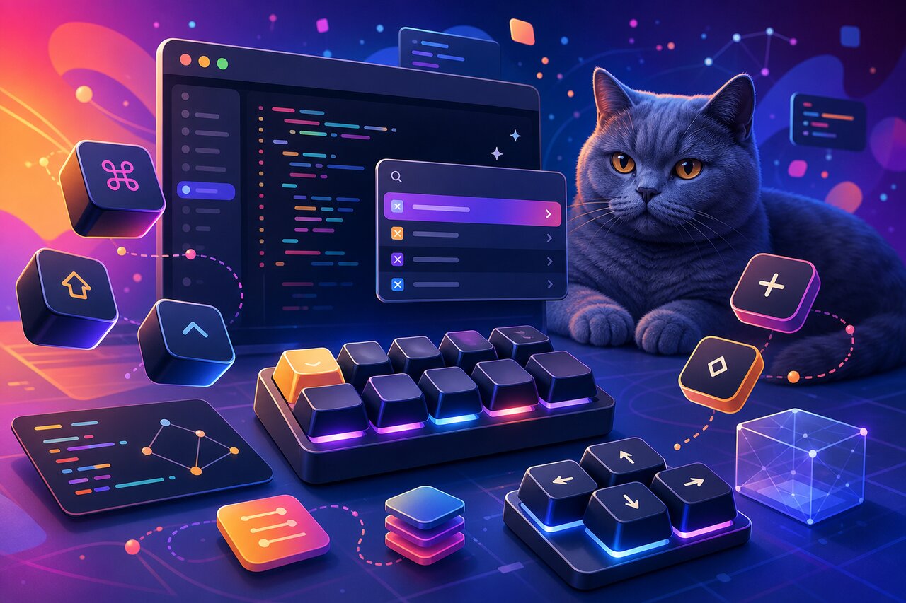A glowing mechanical keyboard and a command palette on screen, with a gray-blue British shorthair cat resting in the background.