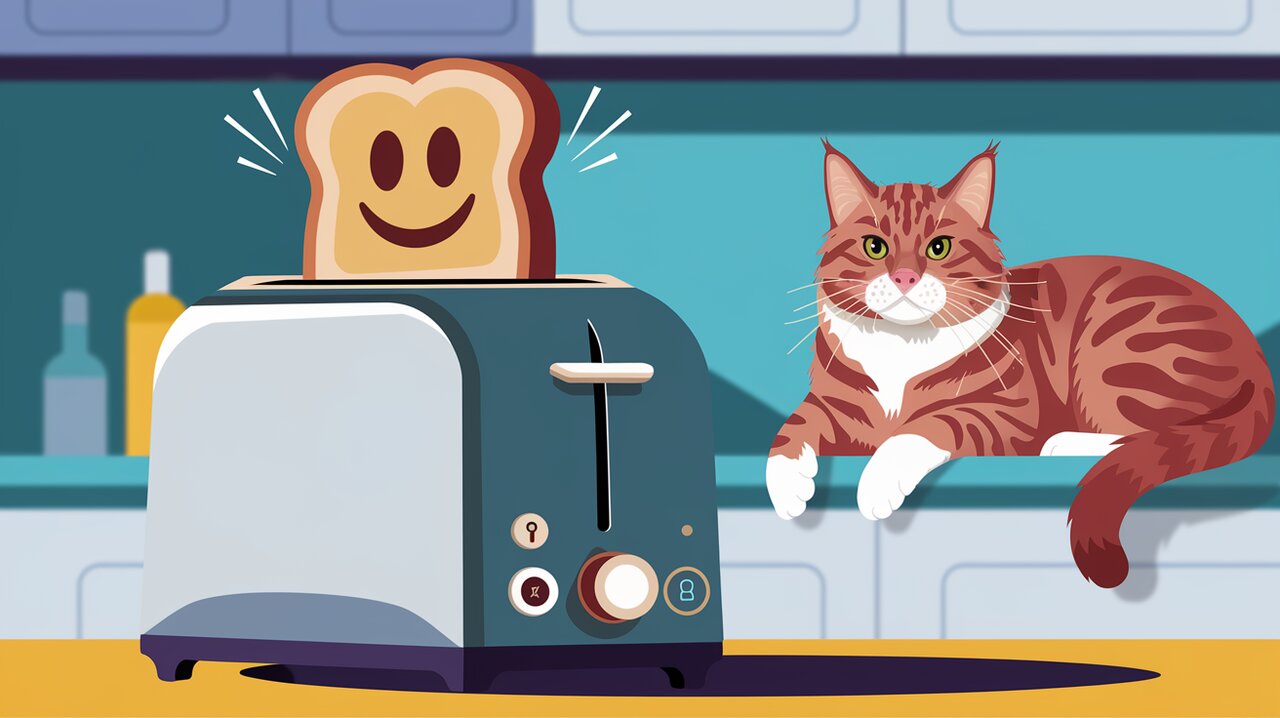 Toaster with glowing toast notification and cat