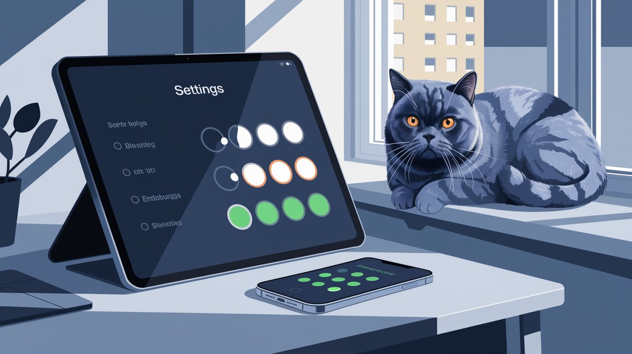 iOS-style toggle switches on a computer screen and smartphone, with a cat observing from a windowsill