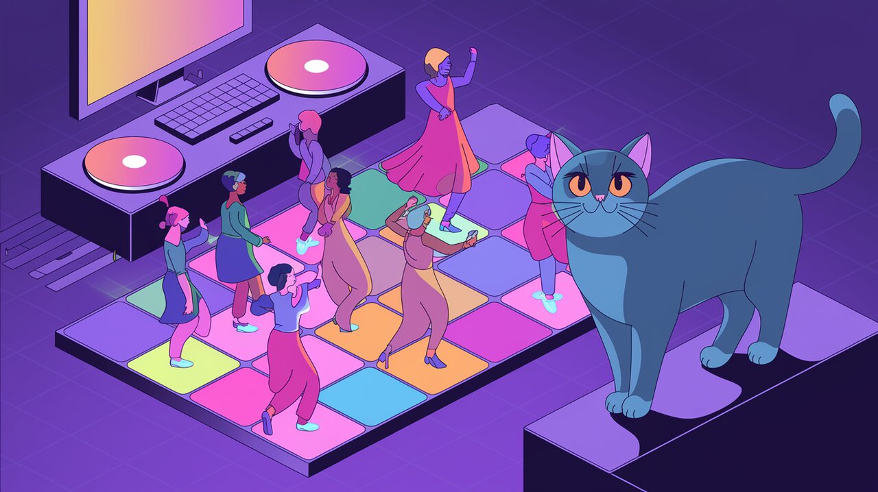 Animated dance floor with token-shaped tiles and dancers representing user inputs