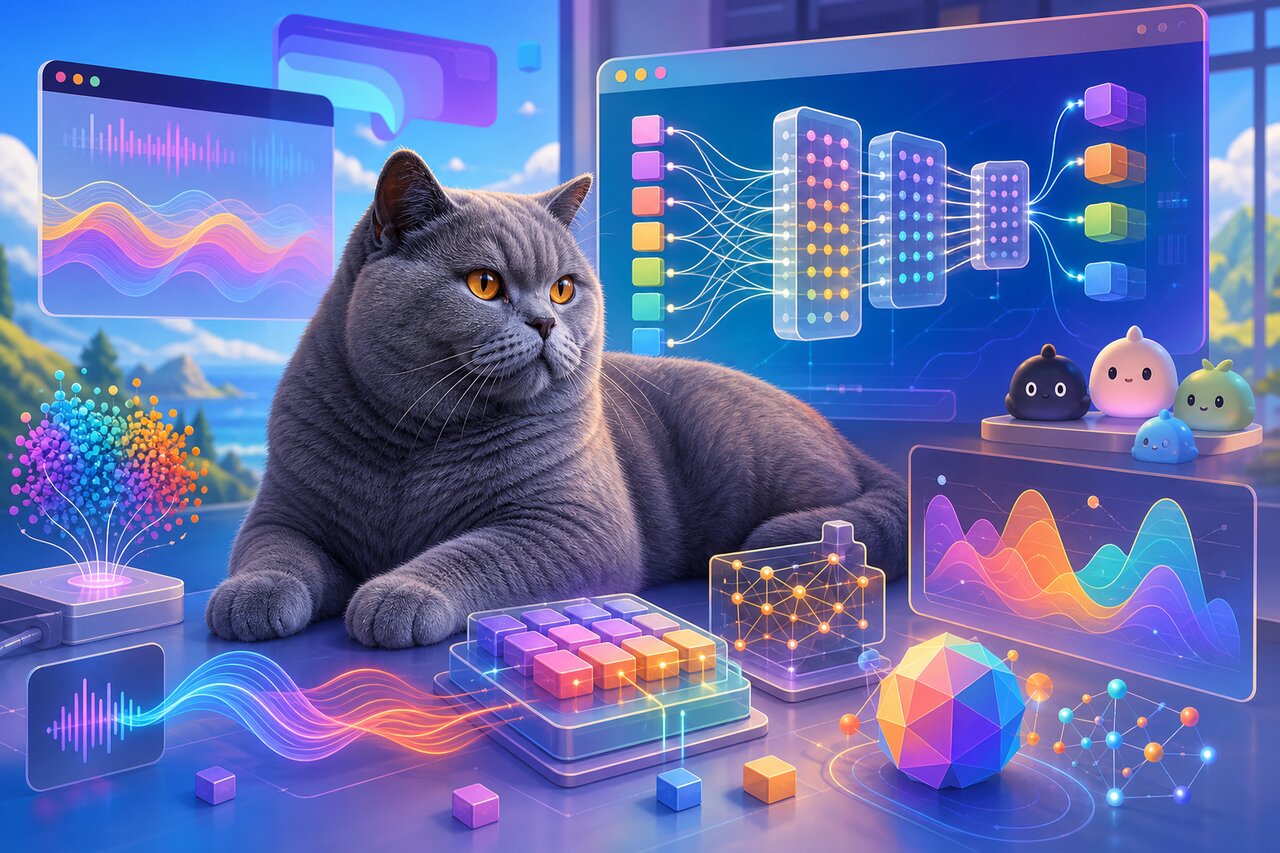 A laptop running on-device AI visualizations with a gray-blue cat watching nearby.
