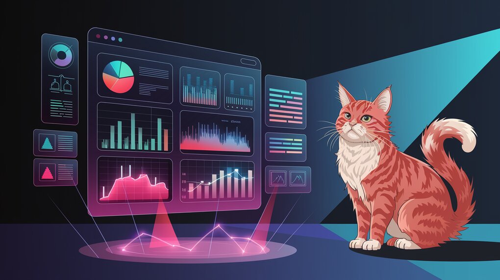 Futuristic dashboard with holographic charts and a curious maine coon cat