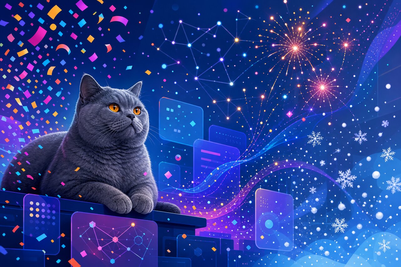 A glowing particle constellation animation on a monitor with a gray-blue cat watching from a stack of books nearby.