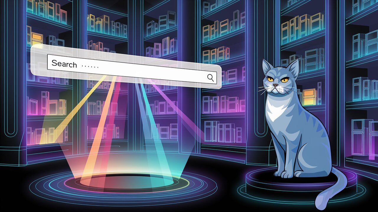 Futuristic library with holographic search interface and a British shorthair cat