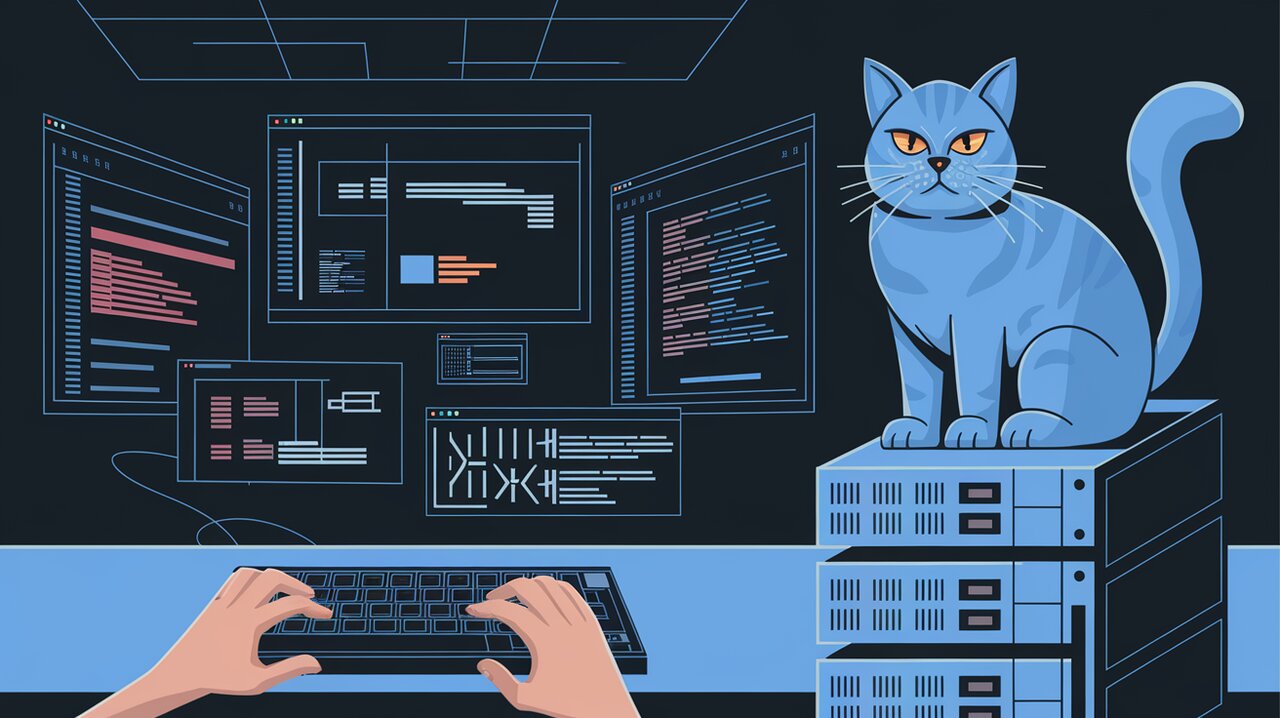 Futuristic data control room with holographic displays and a cat