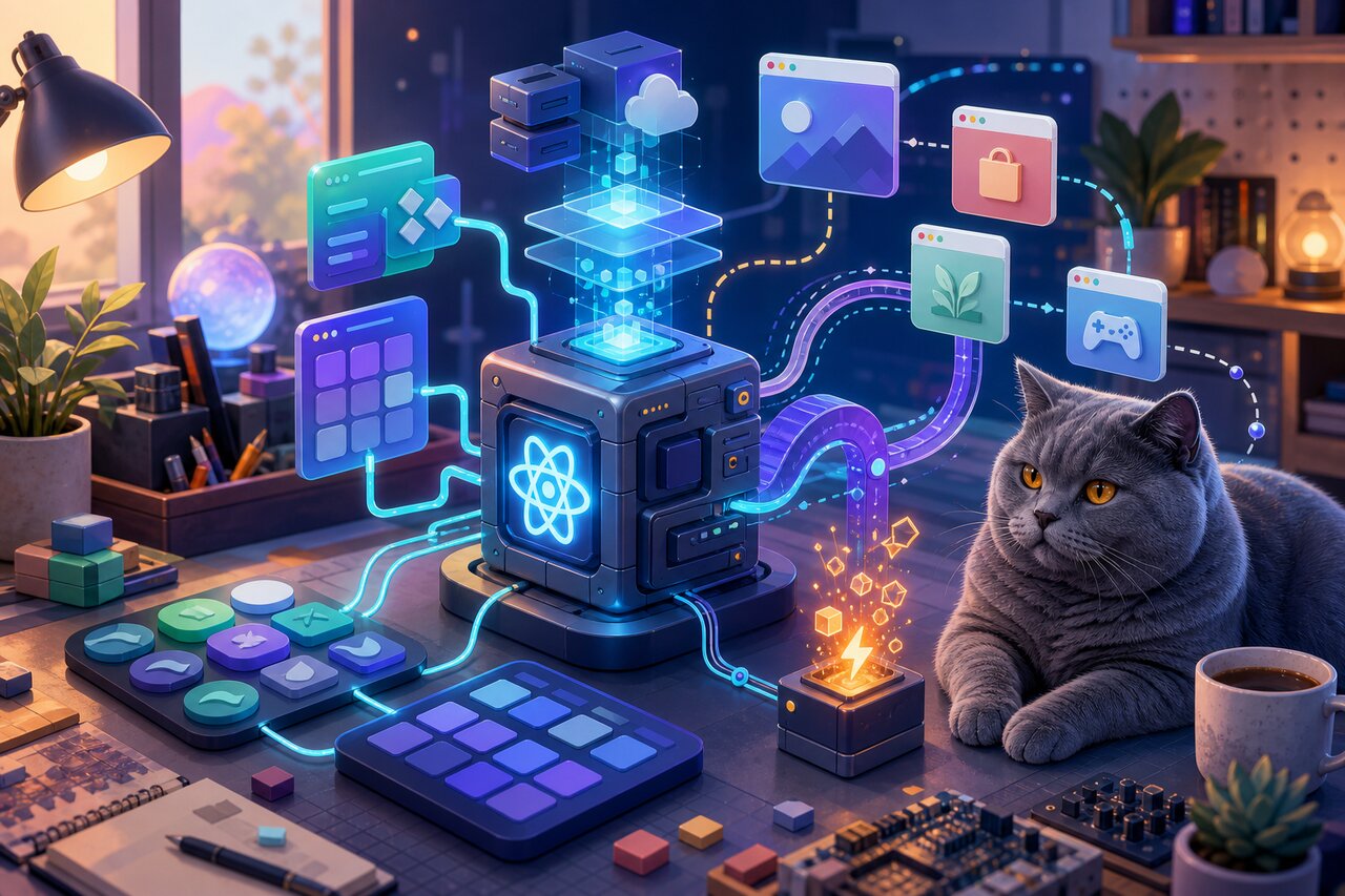 A weekend coding desk at night with a laptop and a gray-blue cat watching from the windowsill