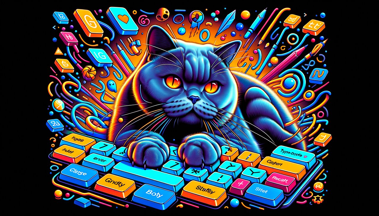 Glowing mechanical keyboard with TypeScript autocomplete annotations floating above its keys