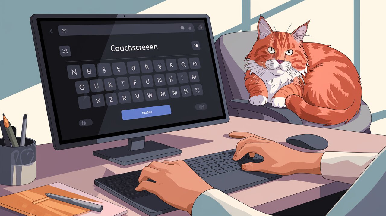 Virtual keyboard interface on a touchscreen with user's hands and a maine coon cat nearby