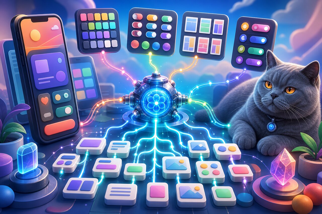 A component card switching between light and dark themes with a cat watching nearby