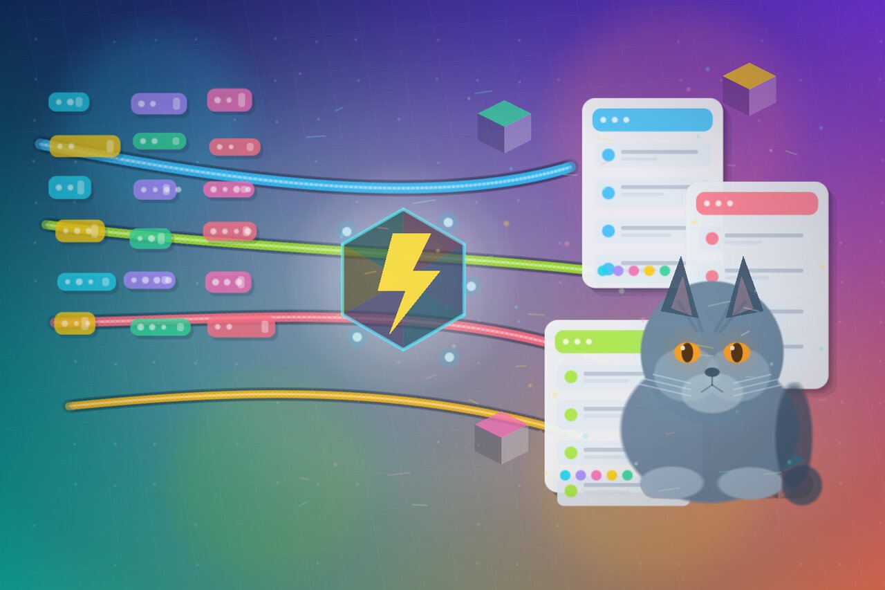 A phone showing a styled mobile app next to a calm gray-blue cat on a desk