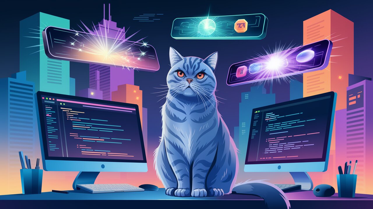 Futuristic cityscape with holographic React Awesome Buttons and a British shorthair cat