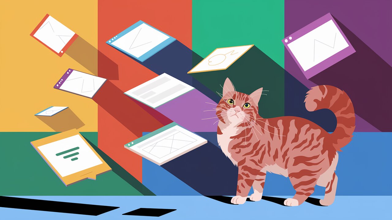 Floating UI elements in a colorful workspace with a maine coon cat