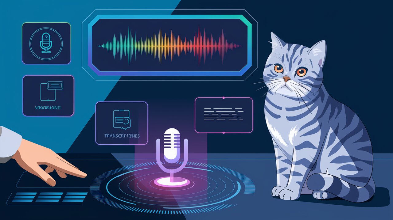 Futuristic speech recognition interface with sound waves, text, and voice command icons