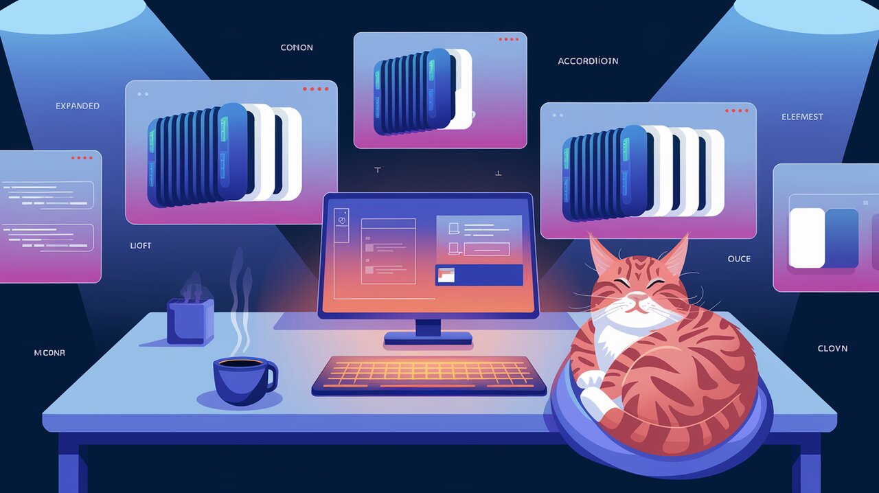 Office with screens showing accordion UI elements and a sleeping maine coon cat