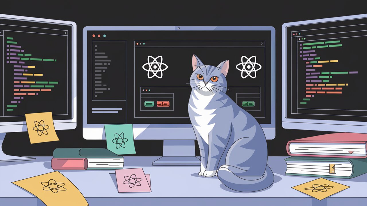 React component demo workspace with multiple screens and a cat