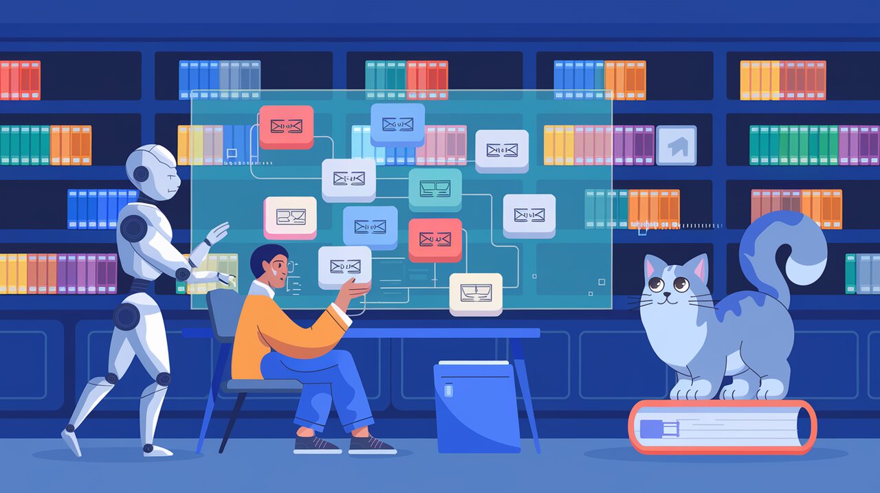 Futuristic library with file input interfaces and a cat observing