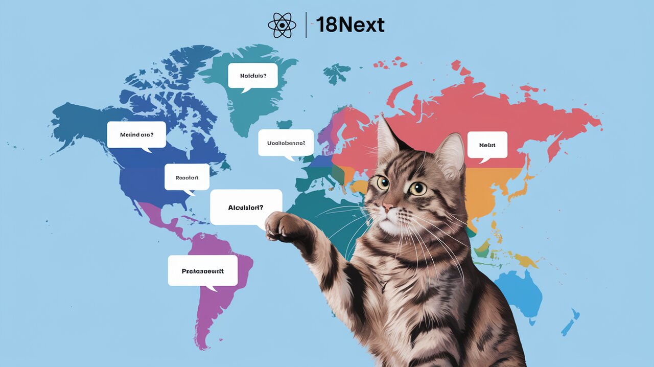 World map with multilingual speech bubbles, React and i18next logos, and a maine coon cat