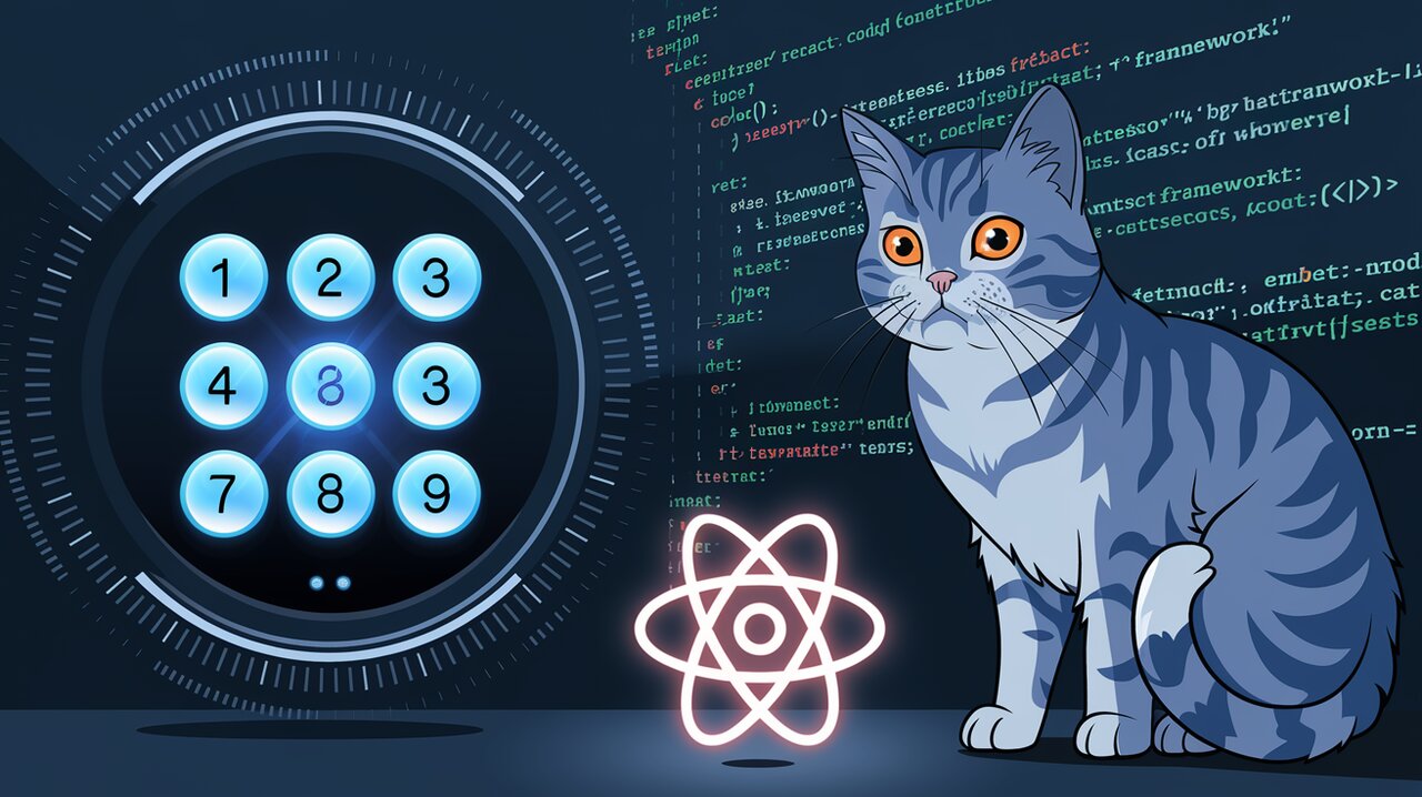 Futuristic PIN entry interface with React code and a watchful cat