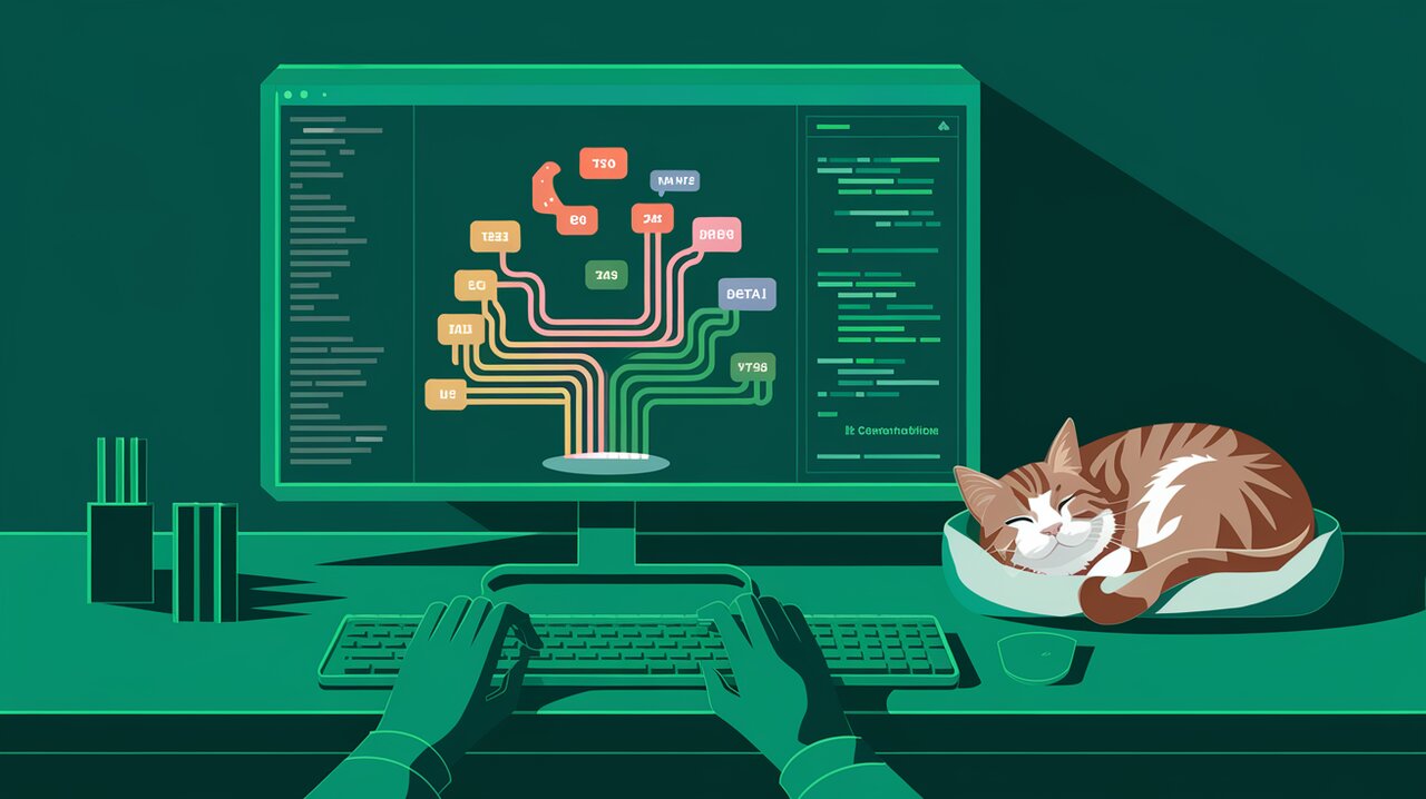 Interactive JSON tree visualization on a computer screen with a sleeping cat nearby