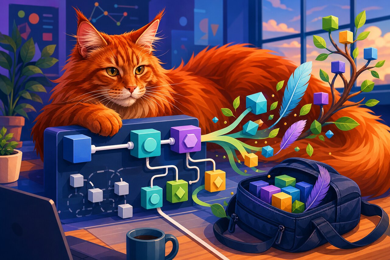A red Maine Coon cat resting beside a laptop displaying modular TypeScript code