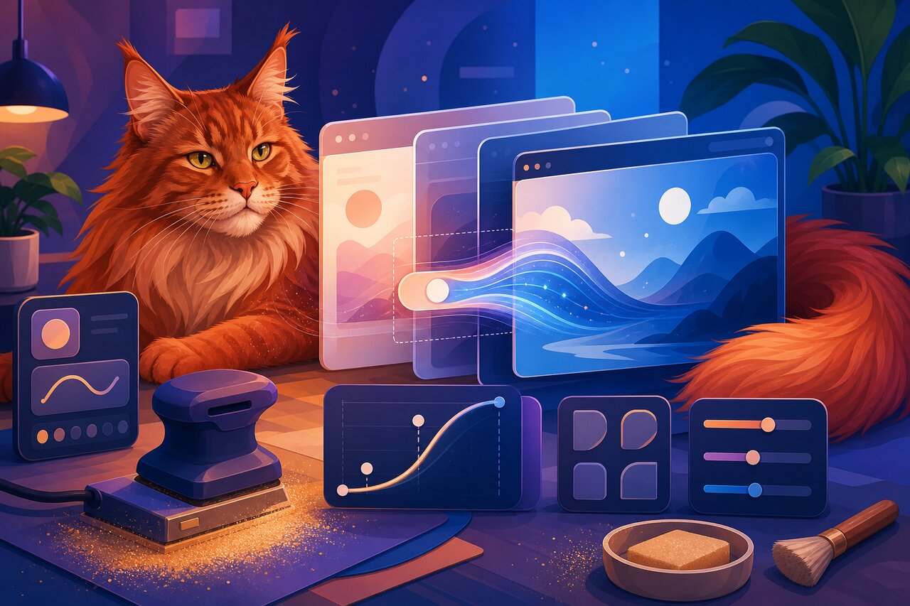 Two morphing web-card snapshots gliding mid-air on a workshop bench with measuring tools, a red Maine Coon cat watching from a stool.