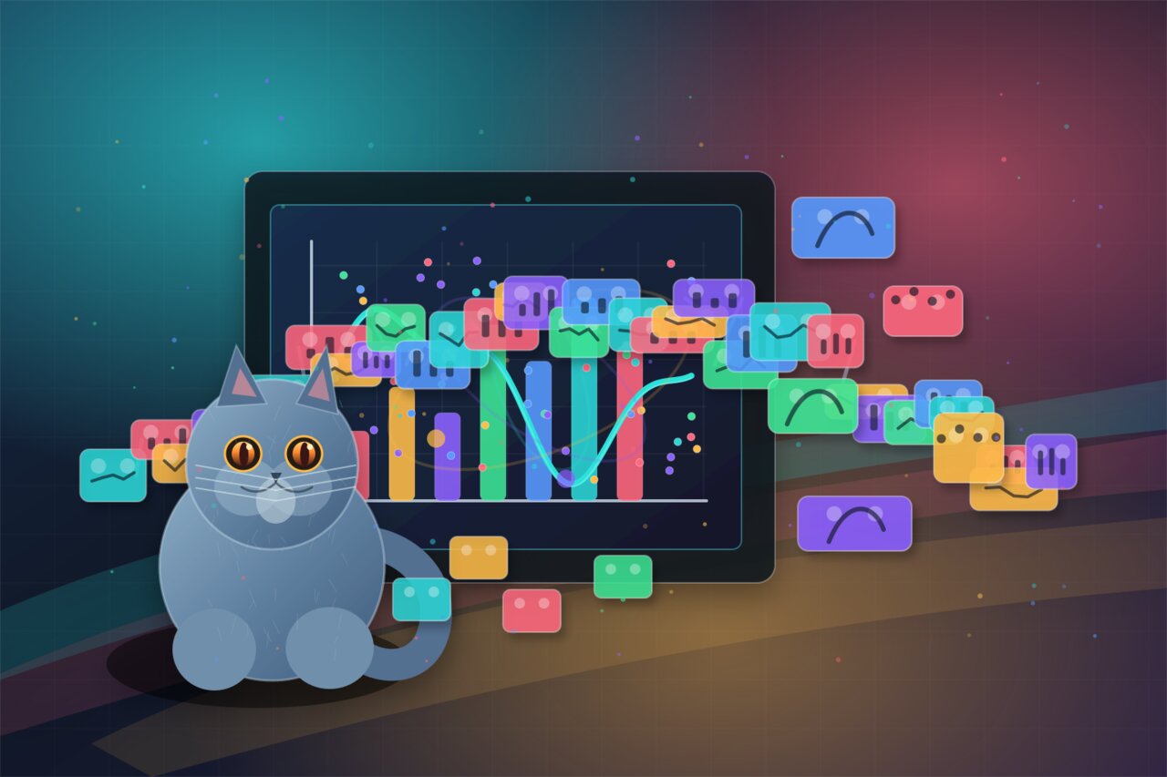 Wooden building blocks assembled into chart shapes on a workbench, with a gray-blue cat watching from the far end.