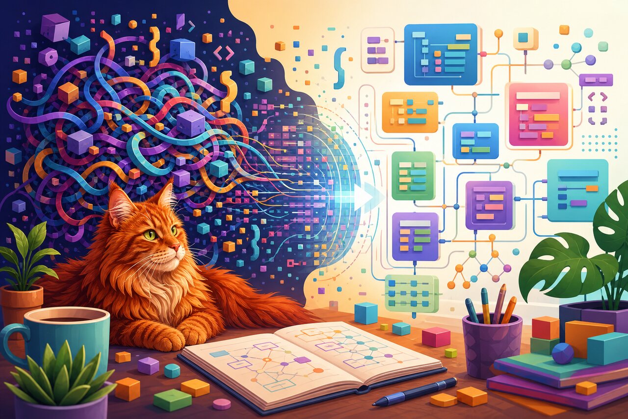 A tangled glowing cable being unwound into neat strands on a workbench, with a large red maine coon cat watching nearby.