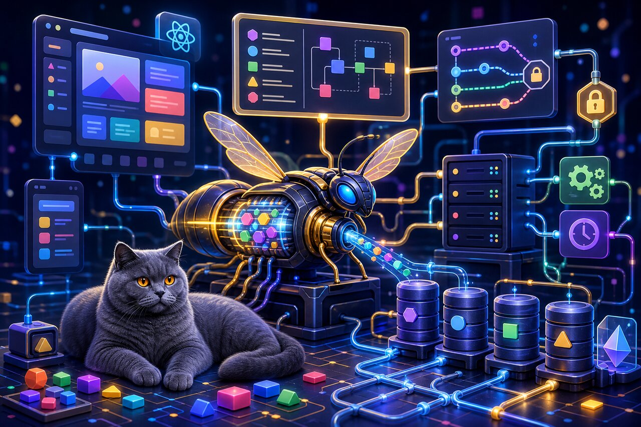 A declarative blueprint assembling itself into full-stack machinery while a gray-blue British shorthair cat looks on