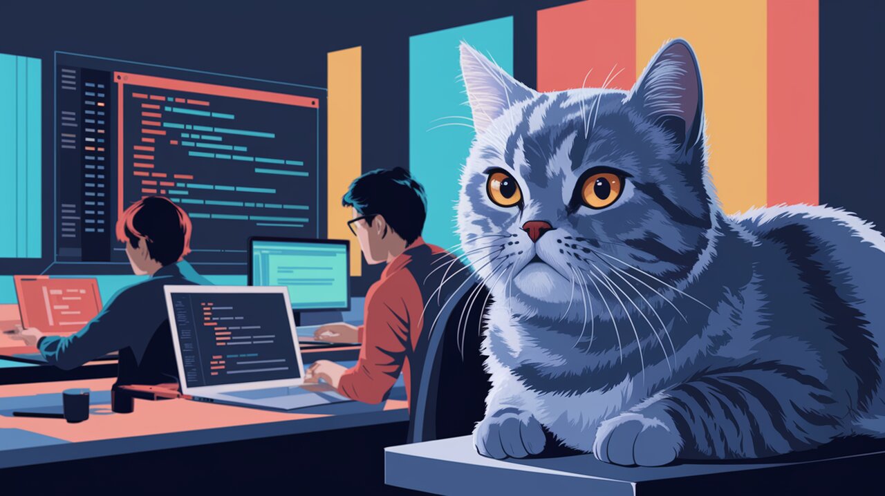 Developers working on media streaming with a British shorthair cat observing.