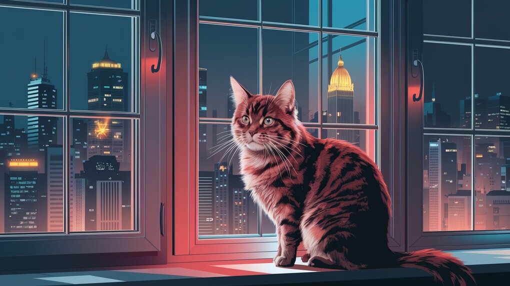 Illuminated city skyline with a cat observing a bright window, symbolizing react-window's viewport