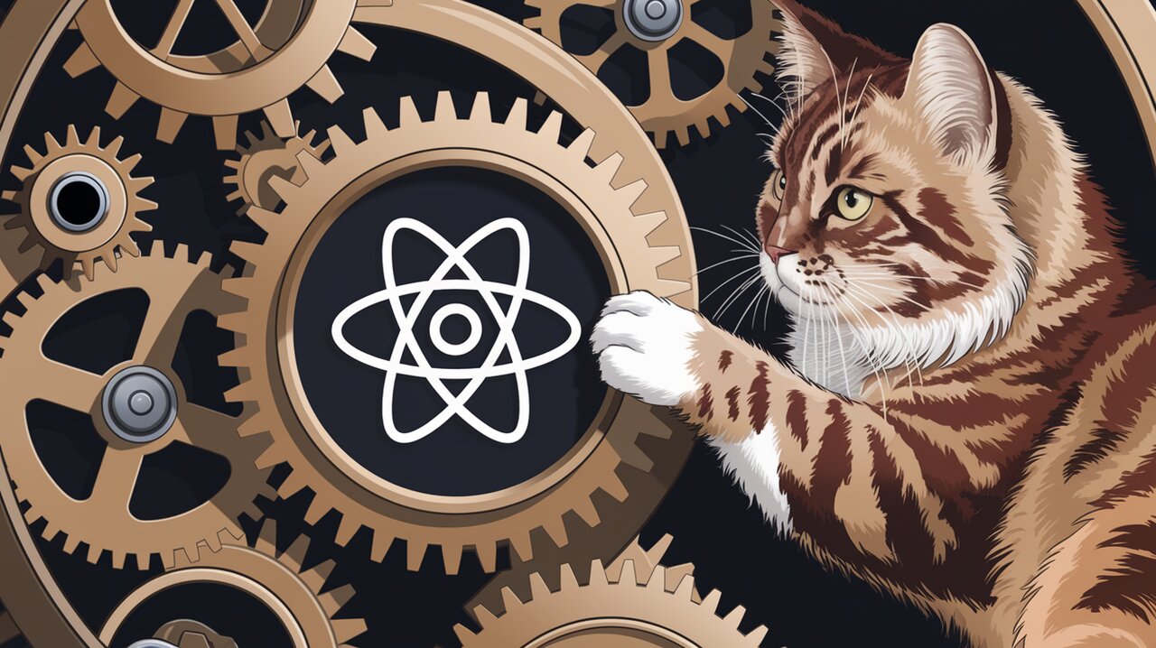 Clockwork mechanism with React logo and a cat