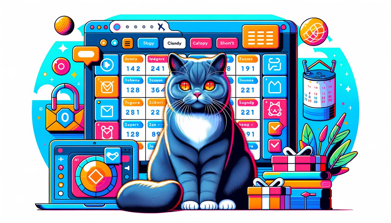 Modern desk with a weekly calendar interface on screen and a red cat lounging nearby