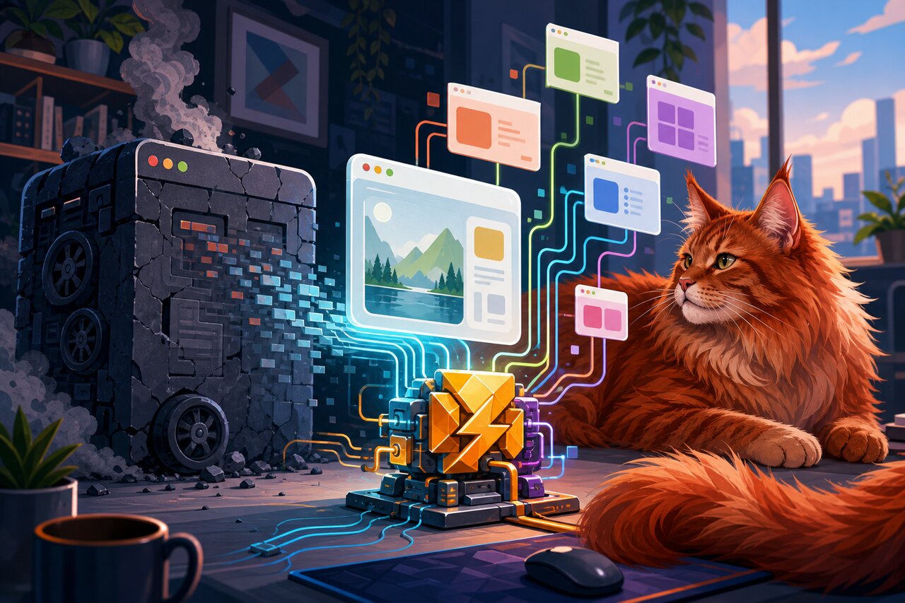 A small floating desktop window dwarfing a heavy browser-branded crate, with a large red Maine Coon cat resting in the corner.