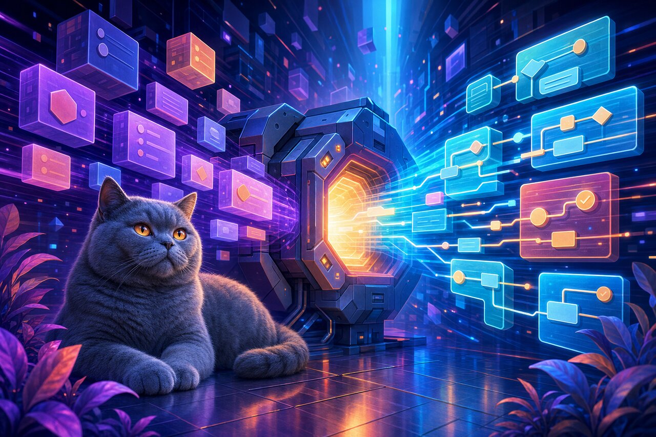 Schema diagrams being compiled into fast beams of light, with a gray-blue cat watching from a shelf.