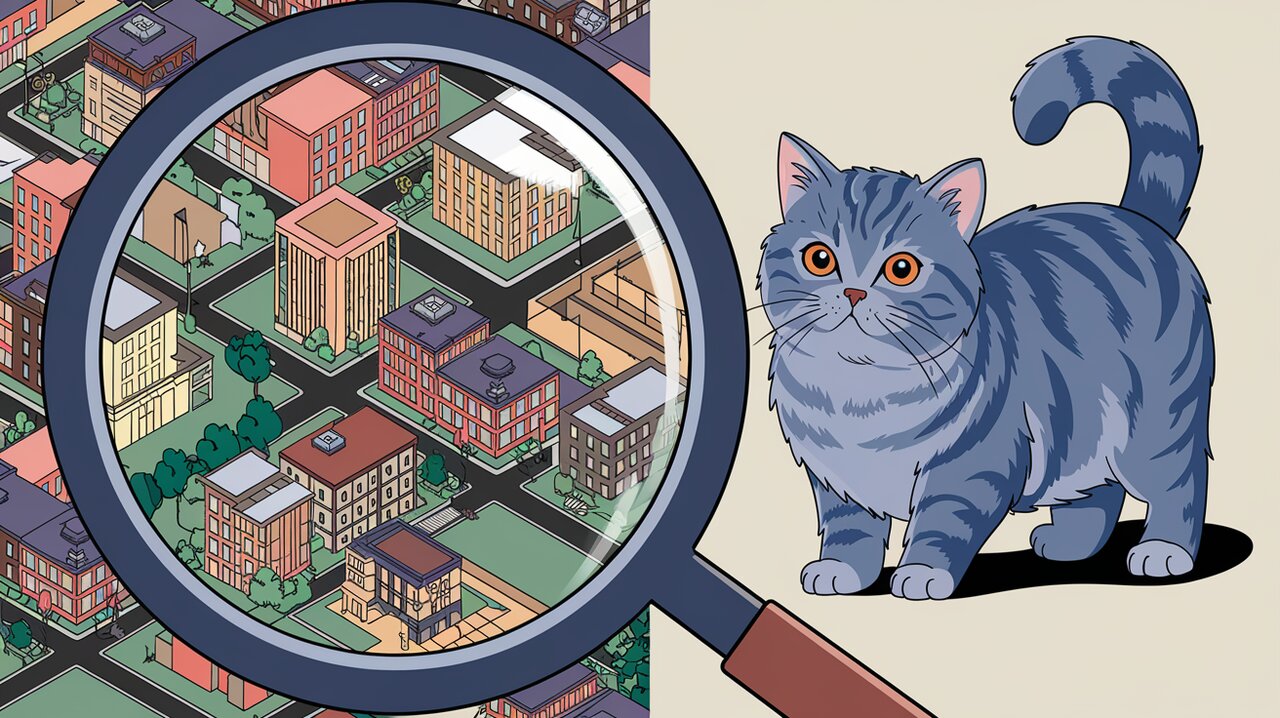 Interactive SVG cityscape with magnifying glass and observant cat